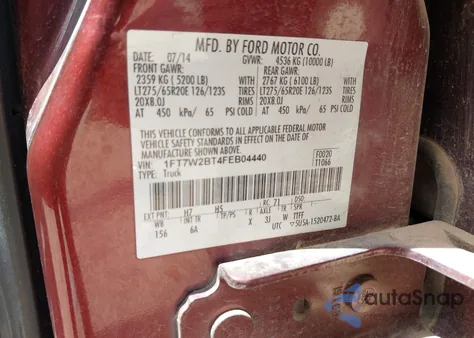 2015 Ford F-250 Lariat z USA, uszkodzony, nr VIN 1FT7W2BT4FEB04440